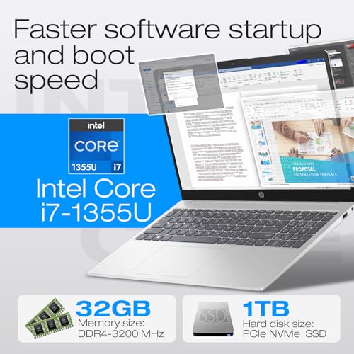 Image of HP 15.6 inch Full HD Touchscreen Business Laptop, Intel Core i7-1355U, 32GB DDR4 RAM, 1TB SSD, Windows 11 Pro Copilot AI,Numeric Keypad,Fast Charge, Office 365 for The Web with Laptop KB Kit