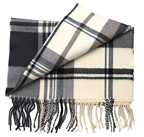 2 PLY 100% Cashmere Scarf Elegant Collection Made in Scotland Wool Solid Plaid (Beige Black JSF)
