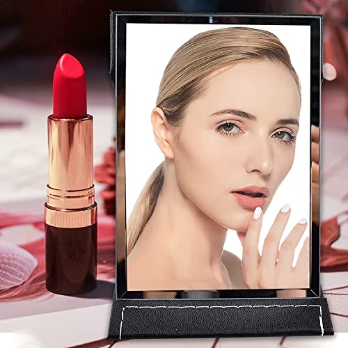 Image of Portable Folding HD Makeup Mirror, Frameless Slim PU Leather Desktop Mirror with Adjustable Stand for Personal Use, Travel, Desktop (Set of 1, Black)