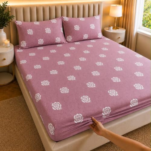 Image of Castiqa Elastic Fitted Supersoft Premium Polycotton 200TC King Size Bedsheets with 2 Pillow Covers | No Slip Bedsheet | (Pink Petals, King (72x78 Upto 10 inch Mattress))