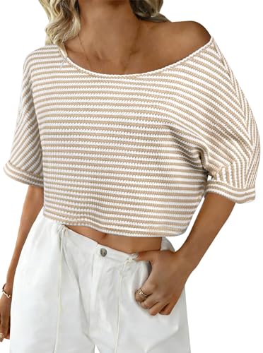 Remidoo Women's Off the Shoulder Crop Top Knit Striped Shirt Short