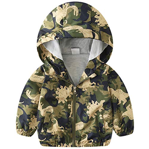 Little Boy Zipper Hooded Jacket,Cool Cartoon Dinosaur Print Long Sleeve Windproof Casual Outerwear Khaki 2T