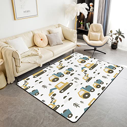 Loussiesd Boys Construction Living Room Rugs Kids Equipment Trucks Area Rug Decor Cartoon Car Botanical Tree Decorative Carpet Construction Vehicles Accent Rug 100 * 150cm