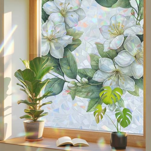 Spring White Floral Window Privacy Film for Home Office Static Cling, Botanical Garden Flowers Decorative Stained Glass Window Film for Large Sliding Door/Floor-to-Ceiling Windows 29.5 x 118 Inches