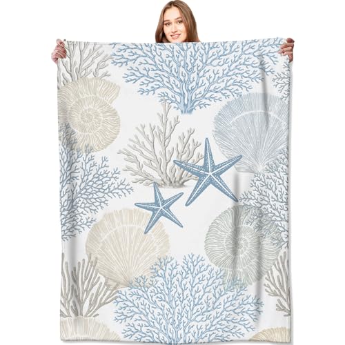 VODRM Nautical Beach Flannel Throw Blanket 50x60 Inch Blue Beige Coral Seashell Starfish Ocean Decor Soft Sea Fleece Blankets for Sofa Couch Bedroom Coastal Home Decorative Gifts for Marine Lovers
