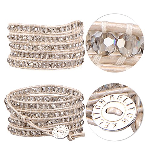 KELITCH New Gray Crystal Beaded 5 Wrap Bracelet On Leather Friendship Bracelets Jewelry for Womens3