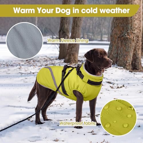 Image of BRKURLEG Dog Winter Jackets for Large Dogs, Dog Coat with Harness Built in, Dogs Snowsuits with Zipper, Waterproof Windproof Pet Puffer Jacket Fleece Vest for Labrador, Dalmatian, Green XXL