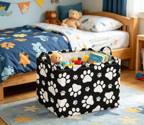 Image of Rectangular Baby Kids Storage Basket for Home Kitchen Girls Cute Toy Storage Bin Organizer Shelf Book Room Decor(Black Paw)