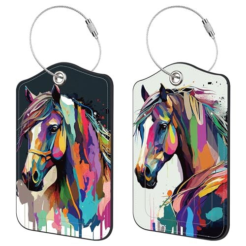 2 Pack Luggage Tags for Suitcase,PU Leather Travel Cruise Luggage Tag with Privacy Cover,Name ID Label and Steel Ring,Travel Essentials for Women Men (Watercolor Horse)