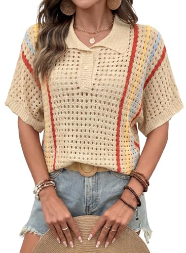 Dokotoo Boho Tops for Women 2026 Summer Fashion Casual Button Collared Short Sleeve Crochet Sweater Lightweight Striped Spring Polo Shirts Sweaters for Women Apricot Large