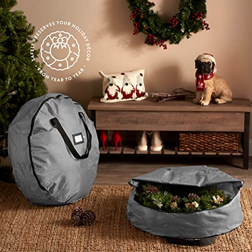 Image of ZOBER 2 Pack Oxford Christmas Wreath Storage Container 24 Inch - Wreath Bag for Artificial Wreaths Box - Waterproof Fabric, Dual Zippered Wreaths Storage Bag With Strong Durable Handles - Gray