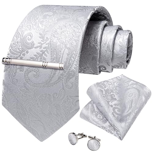 Image of DiBanGu Silk Floral Ties for Men Woven Paisley Necktie and Tie Clip Handkerchief Cufflinks Set for Party Wedding