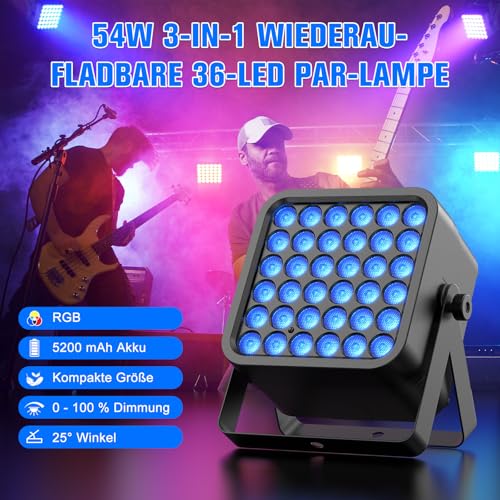 36 LED Akku Par Strahler, 54W 6 in 1 RGBWA+UV Par Licht, Disco Partylicht Scheinwerfer mit 5200mAh Batterie Fernbedienung Auto 8/10CH, Wiederaufladbar Geeignet für Bühne Party Geburtstag Club