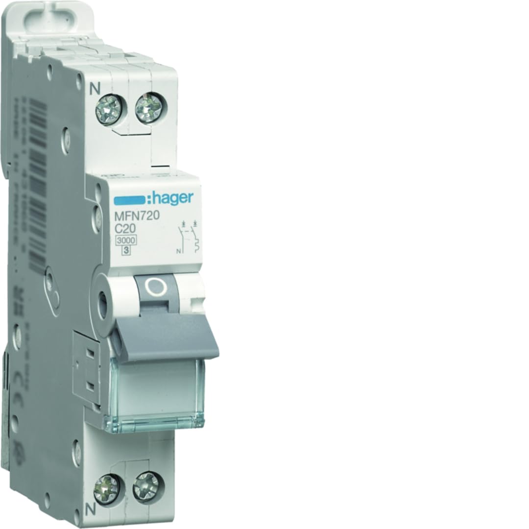 HAGER - Disjoncteur Ph+​N 20A, pouvoir coupure 3kA, courbe C, 1 module - MFN720