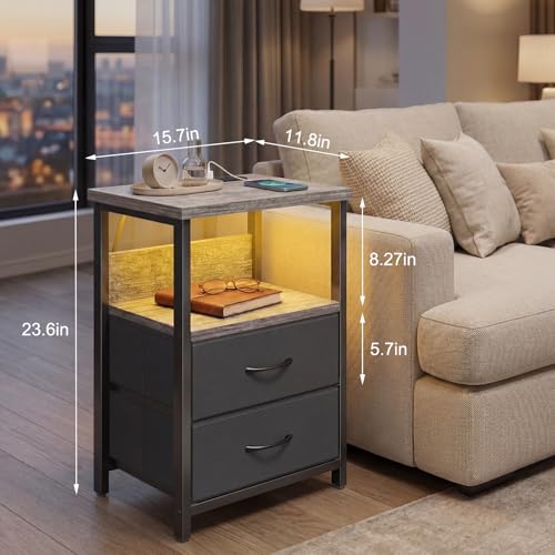 Image of Fixwal Night Stand with Charging Station, LED Nightstand with U-S-B Ports and Outlets, 2 Fabric Storage Drawers with PU Finish, Bed Side Table, French Oak