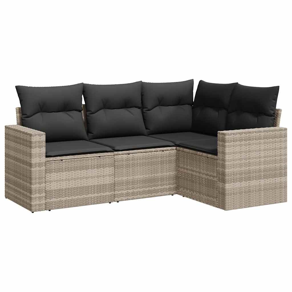 Set Divano da Giardino 4 Pezzi con Cuscini Grigio Chiaro Rattan PE | Salotto modulare da esterno per terrazzo e patio con vano portaoggetti integrato e cuscini sfoderabili.