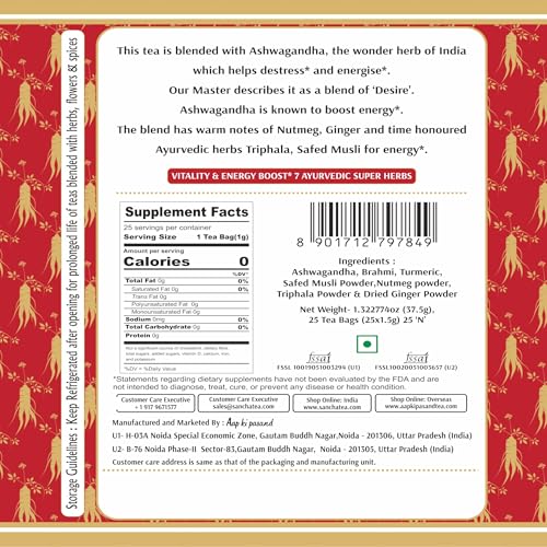 Image of Sancha Tea Boutique, Ayurvedic Ginseng Tea, Indian Ginseng, Pure Ashwagandha Blend, 25 Pyramid Bags, Caffeine Free Herbal Tisane