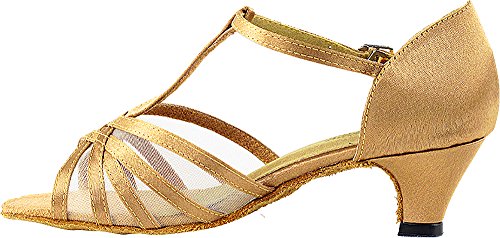 Women's Ballroom Dance Shoes Salsa Latin Practice Dance Shoes Brown Satin & Flesh Mesh 16612Eb Comfortable - Very Fine 1.3" Heel 6 M Us [Bundle Of 5] #TOP3
