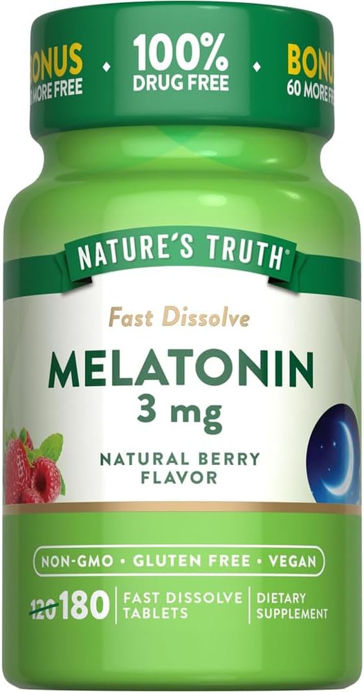 Nature's Truth Melatonin 3 mg Fast Dissolve Tabs Natural Berry Flavor - 180 ct, Pack of 3