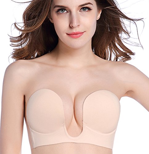 Deceny CB Adhesive Bra Strapless Sticky Bra Invisible Bras for Women Push Up Bra U Plunge Backless Silicone Bra(A, Nude)