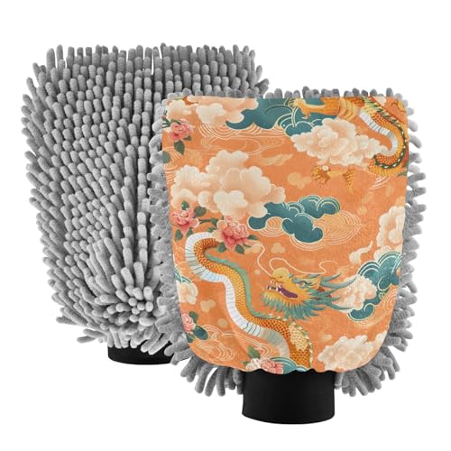 IOACIY Absorbent Microfiber Car Wash Drying Mitts, 2 Pack, Scratch-Free & Lint-Free, Rich Foam, Highly Absorbent, Double Sided, Wash Mitt Perfect for Car Washing, L, Chinese Dragon (7)