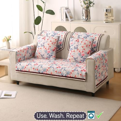Image of HOKIPO 'Florentina Series' Foam Filled Premium Holland Velvet Sofa Cover Mat for 2 Seater Sofa with Anti-Slip Backing, Scarlet Rose Ivory (IN-879-V4)