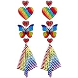 Flongo 3 Paar Regenbogen Ohrringe für Damen: LGBTQ Gay Lesbian Pride Farbenfrohe Baumelnde Herz Schmetterling Ohrstecker Tropfen Ohrringe Set Geschenk für Frauen Mädchen