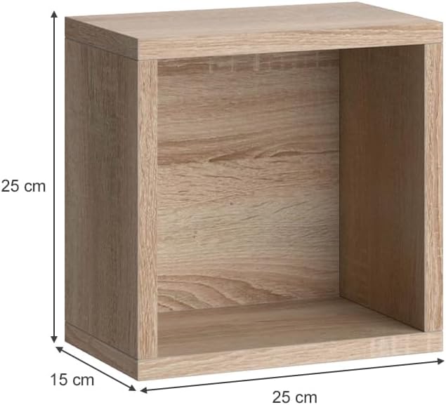 Diagram showing shelf dimensions: 25cm width, 25cm height, 15cm depth