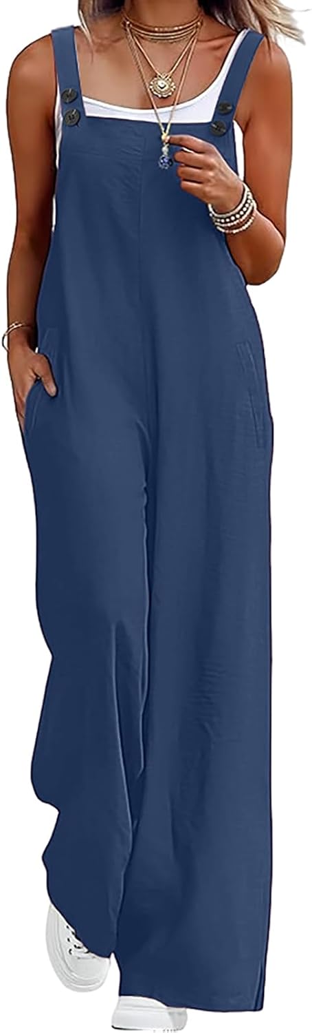 Nfsion Womens Casual Overalls Adjustable Straps Baggy Wide Leg Jumpsuits Lightweight Comfy Rompers Outfits with Pockets