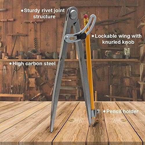 Offidea Professional Woodworking Compass with Wing and Pencil Holder, 8 Inch - Ideal Large Compass for Geometry, Drawing, Drafting - Perfect Pencil Compass for Carpenter