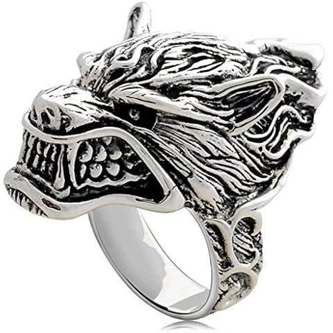 MIYUAN 925 Sterling Silver Rough Wolf Head Men Ring Retro Jewelry (W 1/2) Cover