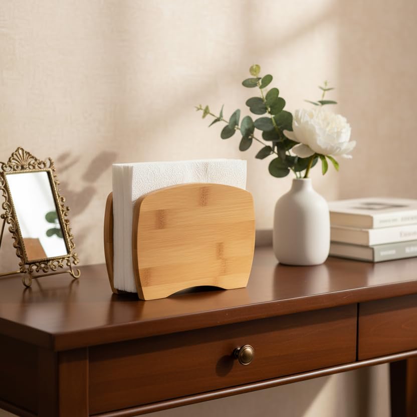Deconox Bambu Peçetelik – Doğal Ahşap Modern Peçete Tutucu | Masaüstü Dik Servis Peçeteliği | Çevre Dostu Mutfak ve Yemek Odası Aksesuarı (15x12x5.3 cm)