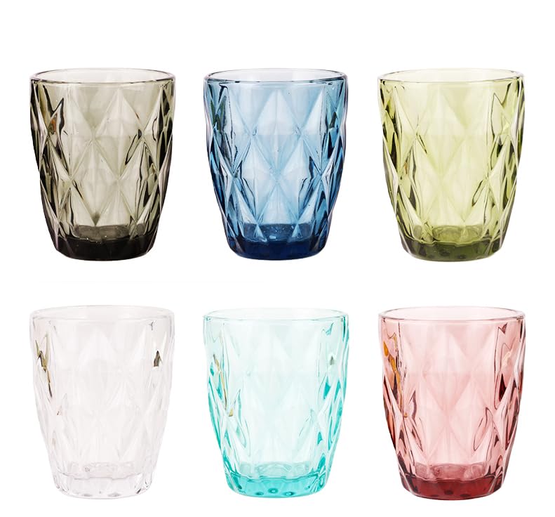 TRESV Set de 6 Vasos Colores o Transparente, Vaso de Cristal agua de 300 ml, Vaso de Agua y Bebidas, Aptos para Lavavajillas (6 Colores)