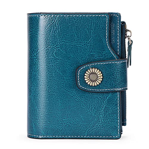 Women Small Bifold Wallets Genuine Leather RFID Blocking Purse with ID Window Zipper Card Holder Organizer Flap Bag