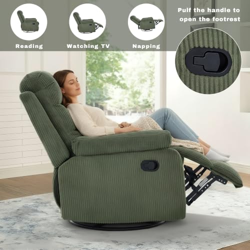 Image of Rocking Recliner Chair,Modern Swivel Glider Recliner Chair,Corduroy Fabric Upholstery Recliner,Manual Reclining Sofa Chair for Living Room,Office,Apartment (Green)