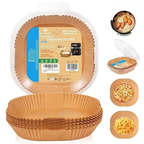 Papel Freidora Aire 16C100 Air Fryer Cuadrado 100 Unidades 16-20 cm moldes Desechable para Horno BPA Free Accesorios para Freidora sin Aceite de 2 a 8 litros (16-20CM-Cuadrado-100 unidad)