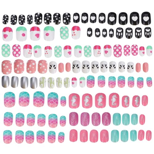 WOONEKY 120 Piezas Uñas Postizas Infantiles Adhesivas Cortas para Niñas Diseño Completo Decoración Artística Kit de Uñas Falsas para Fiesta y Uso Diario