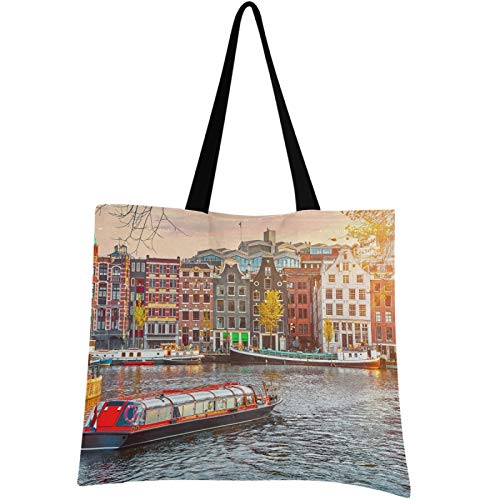 visesunny Women Extra Large Tote Bag Amsterdam Netherlands House River Shoulder Bags Ladies Beach Travel Reusable Grocery Shopping Portable Storage Handbag