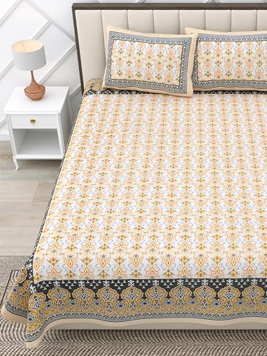 Image of RajasthaniKart Pure 100% Cotton 240 TC King Size BEDSHEET with 2 Pillow Cover - 90X108 (Suitable for King Size Bed Sheet or Double Bed, Yellow) PSP136
