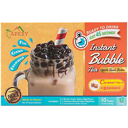 APEXY Bubble Tea Complete Set with Real Boba Pearls, Best DIY Boba / Bubble Tea Kit, Ready In 45 Seconds, 5 Packs Milk Tea Powder + 5 Packs Brown Sugar Tapioca Pearls + 5 Bubble tea Straws (Caramel)
