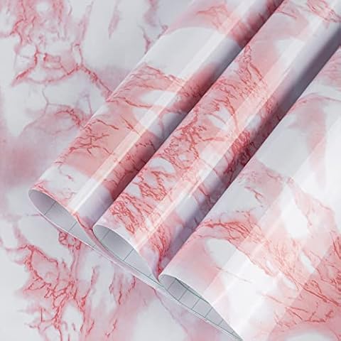 TOTIO Pink Marble Wallpaper Peel Stick Shiny Thicken Granite Countertop Contact Paper 16x354in Waterproof Oil-Proof Self Adhesive Furniture Sticker Kitchen Bathroom Vinyl Decorative Film Removable Cover