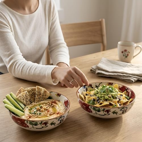 Image of SNS Guldaudi Canvas Ceramic Serving Bowl | Premium Salad Soup, Curry & Snacks Bowl | Semi-Matt Floral Dinnerware for Oats Pasta Fruits & Desserts | Tableware for Gifting (1 Piece, Deep Bowl)