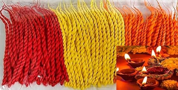 Image of AGNIRVA Hand-Made Colored Long Twisted Pure Cotton Wicks Navratri Special Lambi Diya Batti Jyot Wick Deepam Vattulu Long Cotton Wicks for Puja Aarti Rui Batti (Pack of 200 Wick, 100 x 2)