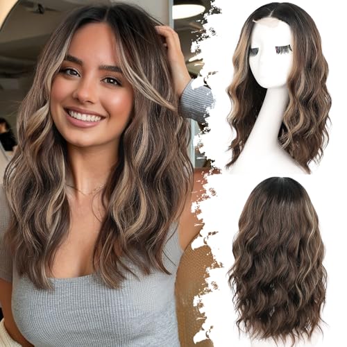Image of Eawwii Dark Brown Mixed Blonde Short Wavy Wig for Women Lace Hairline Bob Style Synthetic Heat Resistant - Natural Appearance for Everyday Hairstyle 18 Inch