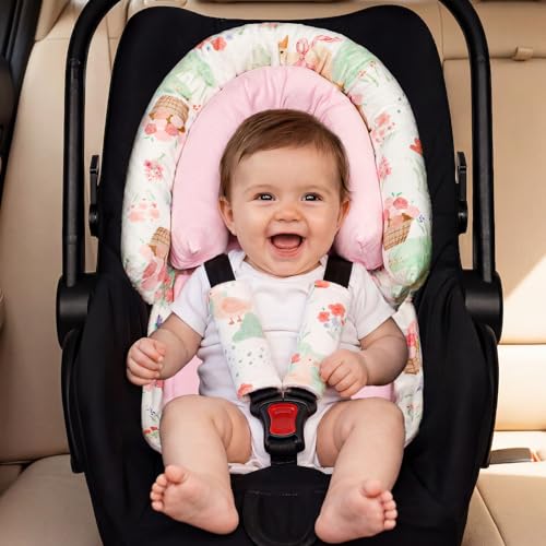 Image of Baby Car Seat Head Support with Extra Headrest, 2-in-1 Babybody Supports with Shoulder Pads Set for Newborn, Adjustable Infant Car Seat Insert Compatible with Stroller, Baby Swing (Animal)