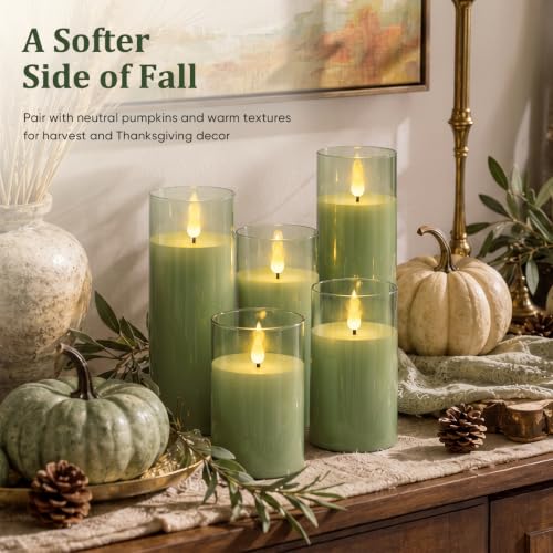 Image of Homemory Sage Green Flameless Candles, Acrylic LED Pillar Candles with Remote Timer, Set of 9
