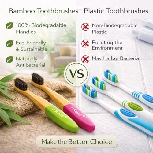 Image of R.Kant Pack of 2 Bamboo Toothbrush Combo for Adults | Green & Pink | Charcoal Infused Soft Bristles | Eco-Friendly Handle | Includes 2 Toothbrushes & 1 Bamboo Tongue Cleaner