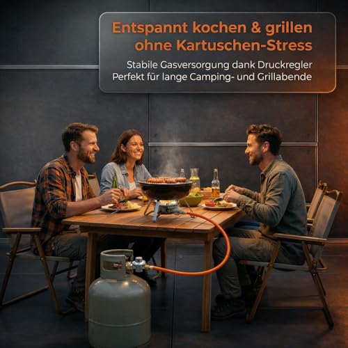 BOGAPRO EN417 Adapter-Schlauch auf Gasflasche mit Gasdruckregler, Umrüstschlauch für Schraubkartuschen-Geräte, 1 m, 7/16-28 UNEF auf 3/8 LH, 1,5 bar 8 kg/h, Schlauch EN 16436-1, inkl. Polybeutel