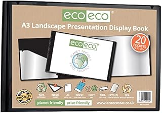 eco-eco A3 50% Recycled 20 Pocket Black Landscape Presentation Display Book, Storage Case Portfolio Art Folder with Plastic Sleeves, eco096