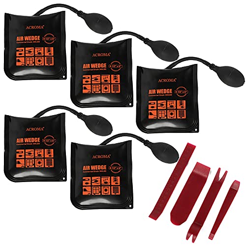 Acroma 5-Pack 6 1/2”x 6“Commercial Grade Air Wedge Bag Bump (A0401A) 300LB Load Rating Professional Leveling Kit and Alignment Tool Air Shim Pump Wedge, 4 Pry Bars Included